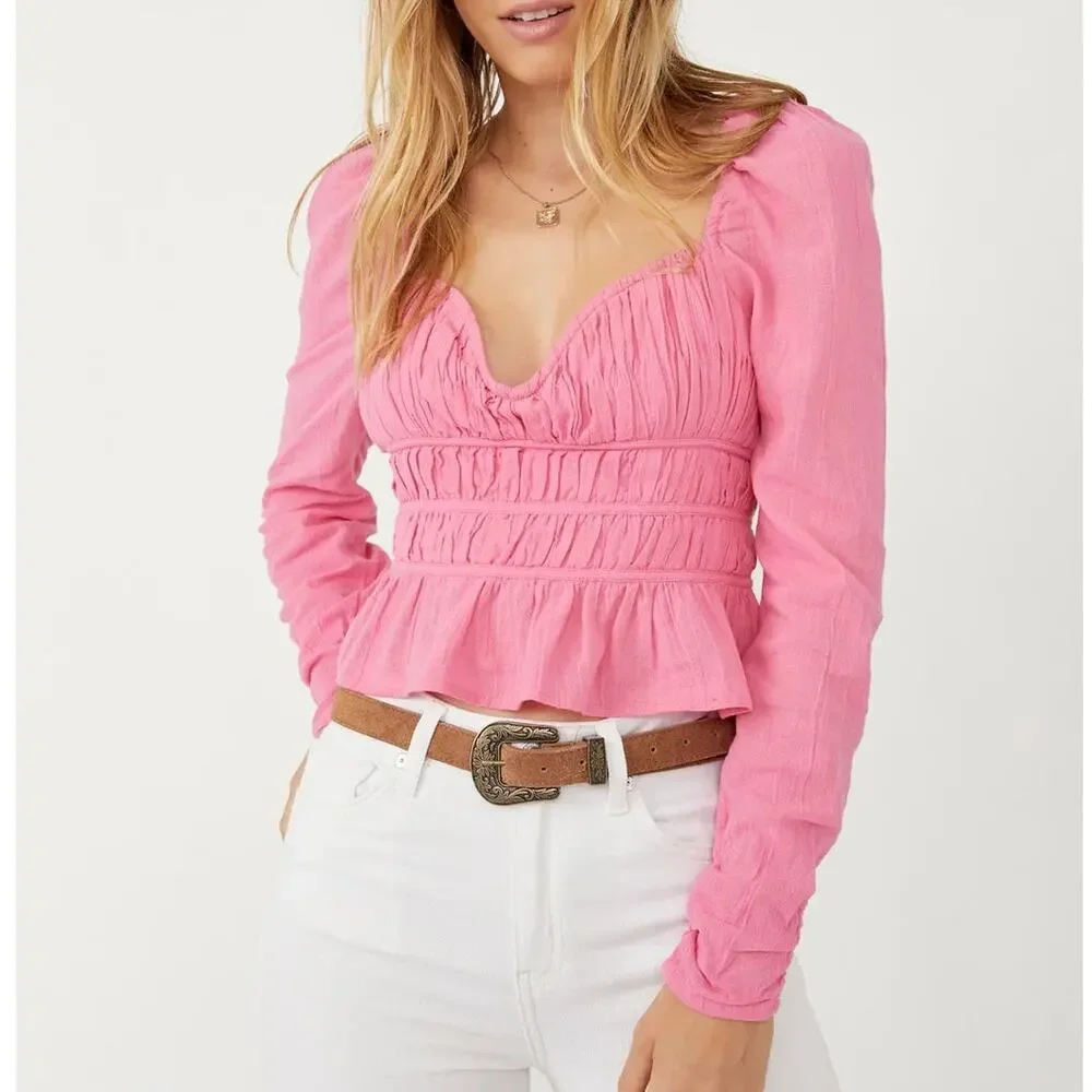 Free People Chloe Aurora Pink Smocked Peplum Sweetheart Bohemian Cropped Top